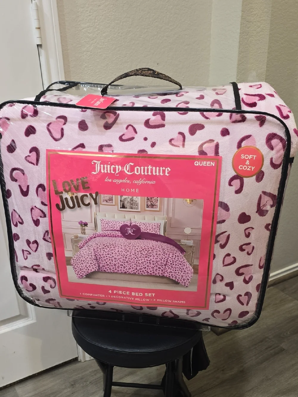 Juicy Couture Home Plush Leopord Hearts Comforter Set- Queen